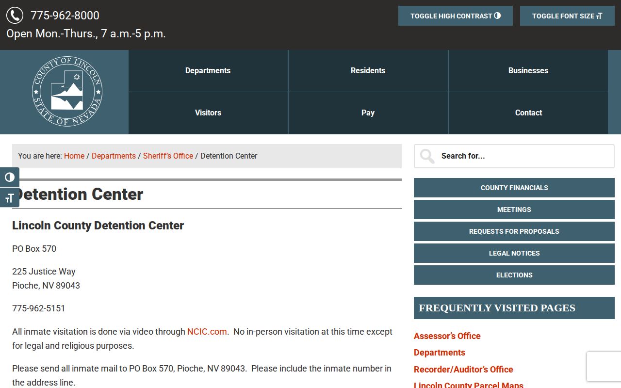 Lincoln County Detention Center official custody and booking-record contact page