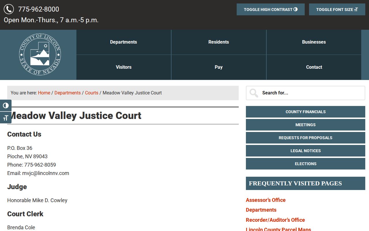 Meadow Valley Justice Court official Lincoln County warrant-check contact page